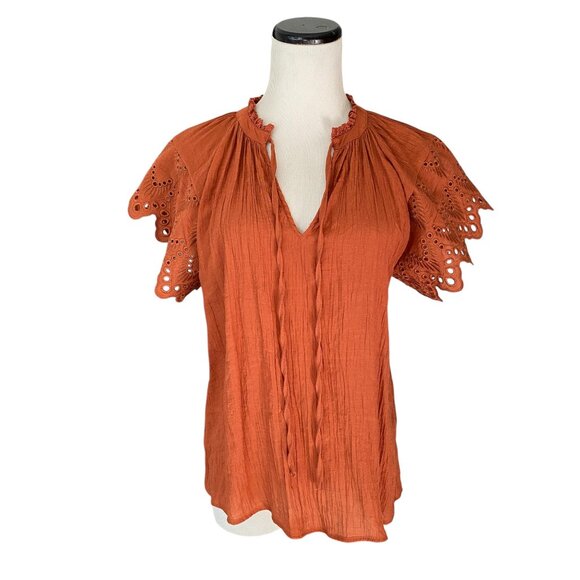 Chelsea & Theodore - Rust Orange Autumn Fall Eyelet Detailed Sleeve Top Sz XS - Picture 1 of 6